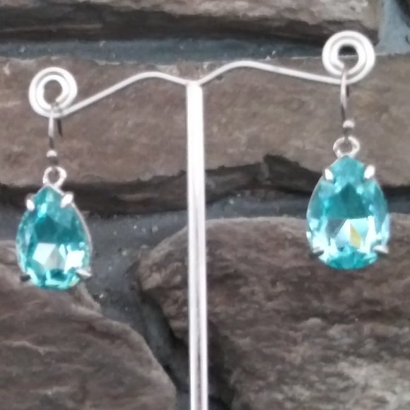Aquamarine Color Crystal Fishhook Earrings - Picture 4 of 4